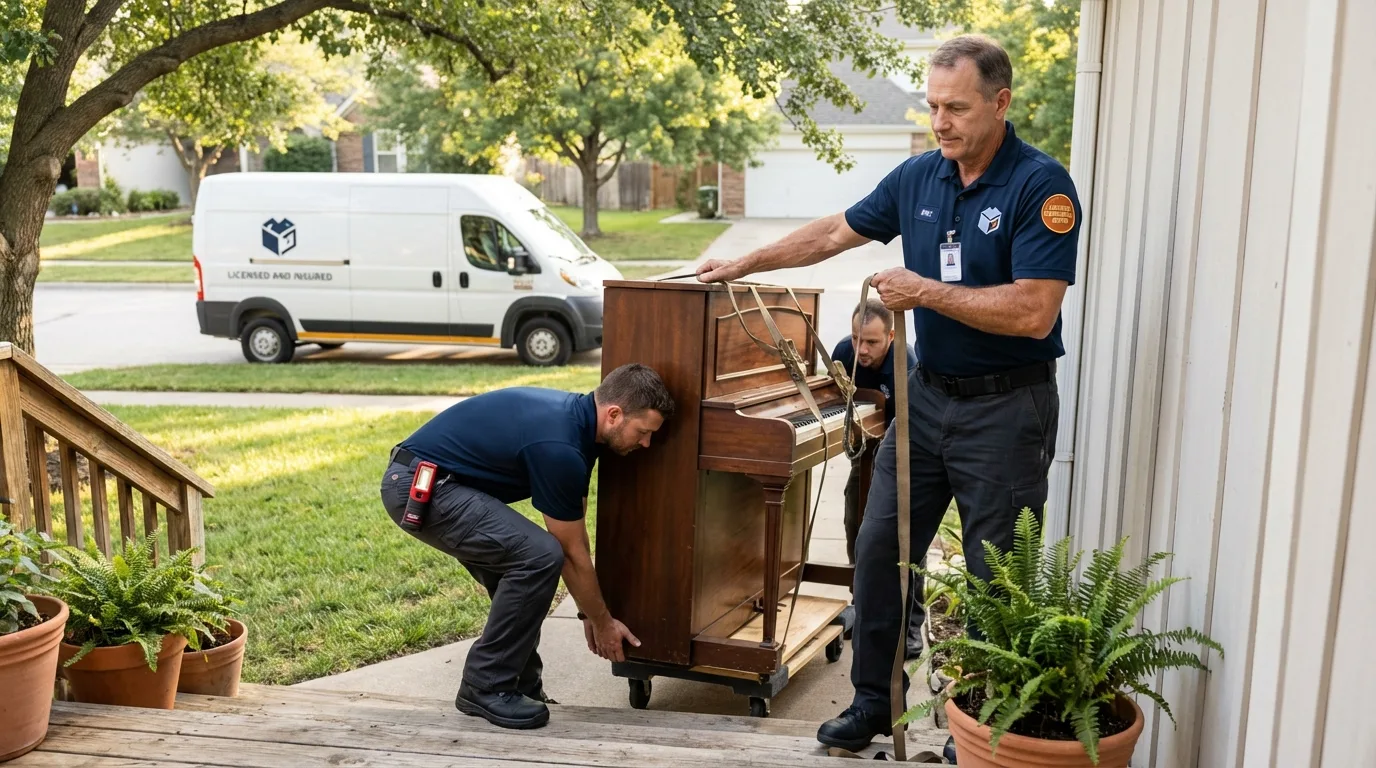 Licensed piano movers securing grand piano in Colchester, CT