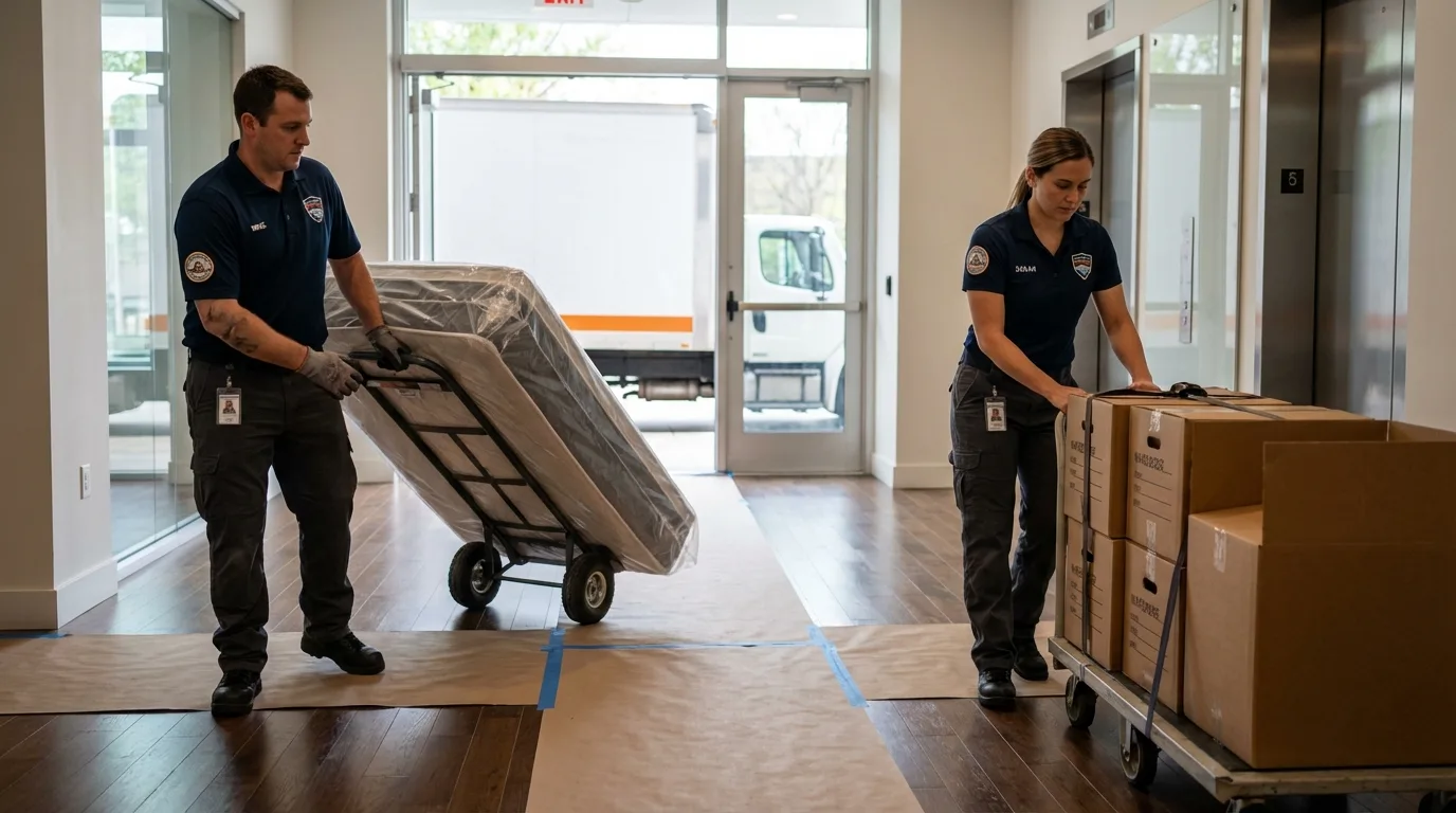 Professional apartment movers loading elevator in Colchester, CT
